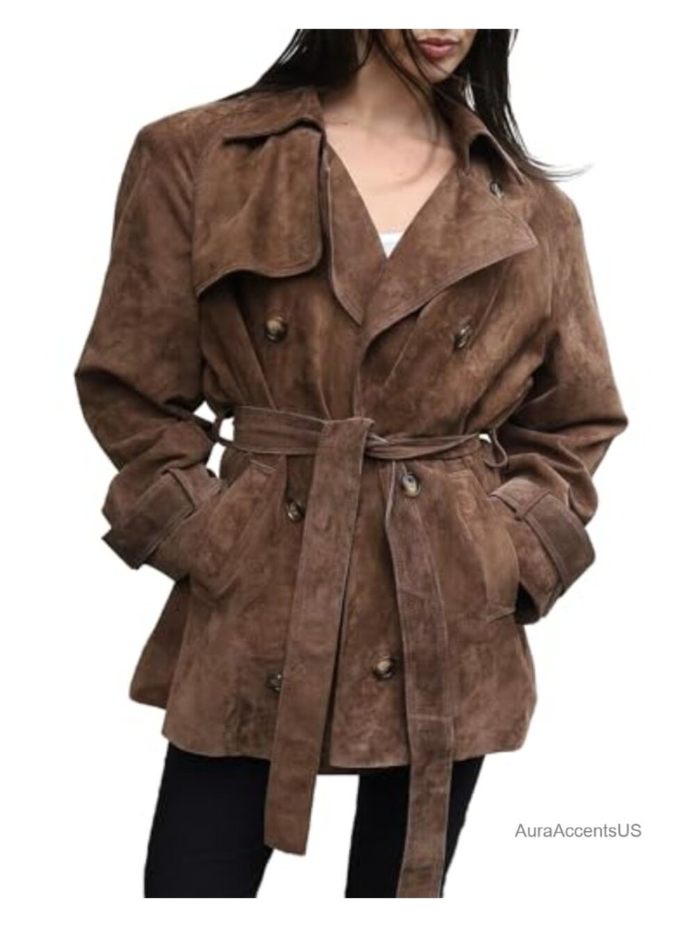 Faux Suede Brown Jacket with Belt Winter Coat Outwear